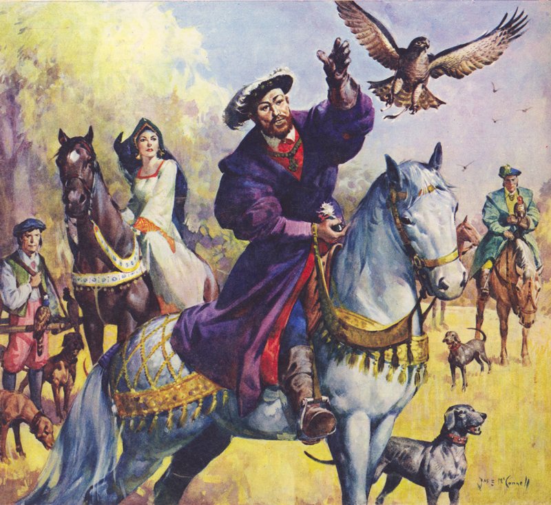 Král Jindřich VIII. a Anna Boleynová na lovu (barevná litografie) od James Edwin McConnell