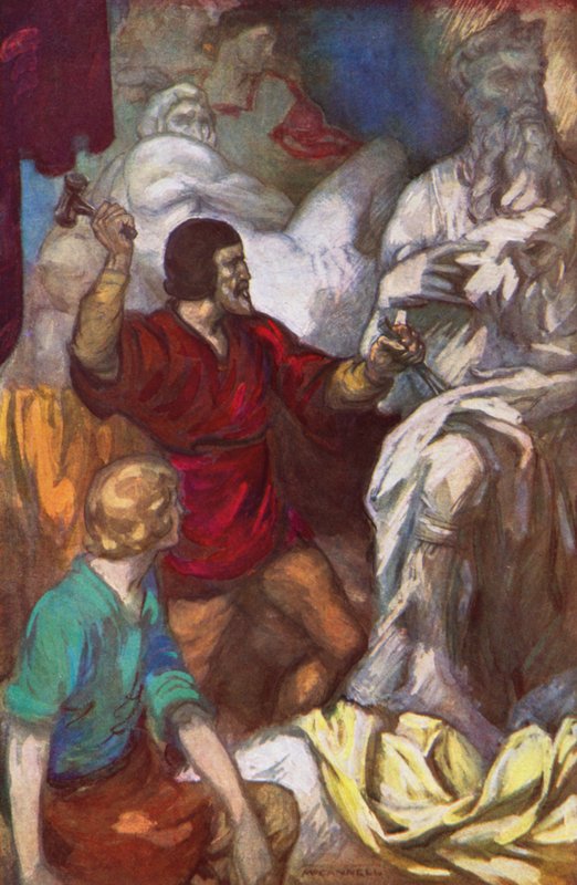 Michelangelo tesá Mojžíše ze skály (barevná litografie) od James Edwin McConnell