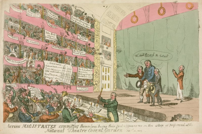 Hrající smírčí soudci se zavazují, byli poprvé uvedeni v Národním divadle v Covent Garden, 1809 od James Gillray