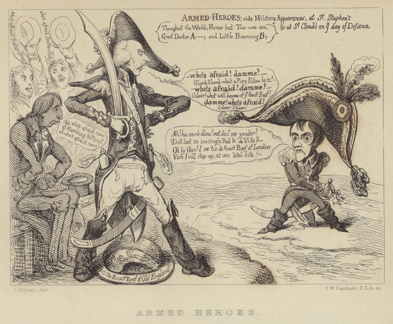 Ozbrojení hrdinové: Britský premiér Henry Addington čelí Napoleonovi a hrozbě francouzské invaze, 1803 od James Gillray