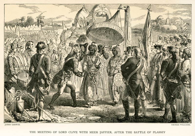 Setkání Lorda Cliva s Meer Jaffierem po bitvě u Plassey (rytina) od James Godwin