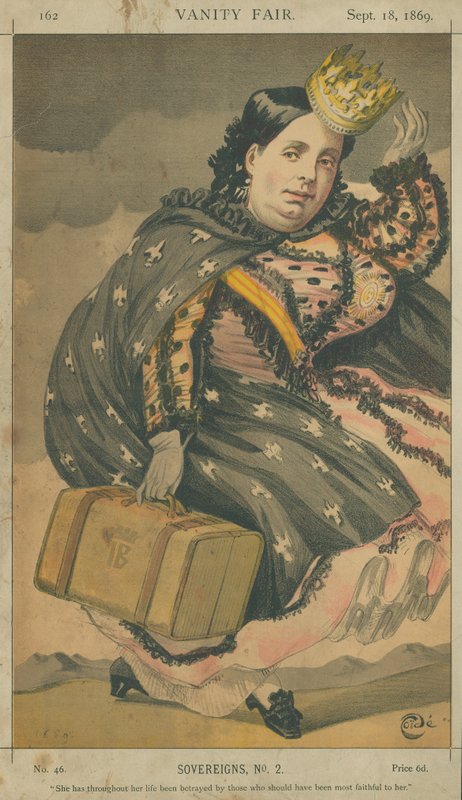 Isabella II, královna Španělska, Po celý svůj život byla zrazena těmi, kteří jí měli být nejvěrnější, 18. září 1869, karikatura Vanity Fair od James Jacques Joseph Tissot