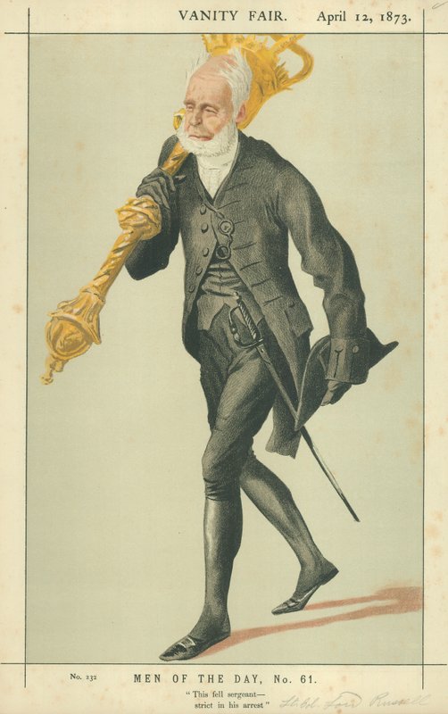 Podplukovník lord Charles James Fox Russell, Toto padlo seržantovi přísnému při jeho zatčení, 12. dubna 1873, karikatura Vanity Fair od James Jacques Joseph Tissot