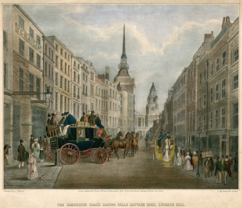 Cambridge Coach opouští Belle Sauvage Yard, Ludgate Hill, Londýn od James Pollard