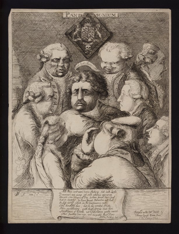 Pandemonium: satira na politickou nestabilitu v Británii po pádu koalice Fox-North a její nahrazení vládou Williama Pitta mladšího, 1784 od James Sayers