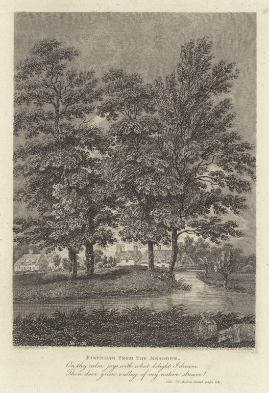 Robert Bloomfield, básník: Fakenham from the Meadows (rytina) od James Storer