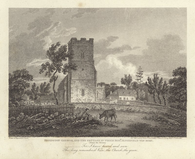 Robert Bloomfield, básník: Honington Church, and the Cottage, ve kterém se narodil Robert Bloomfield (rytina) od James Storer