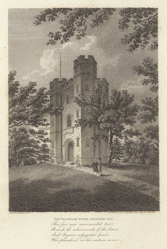 Robert Bloomfield, básník: Trojúhelníková věž, Shooters Hill (rytina) od James Storer