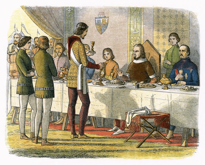 Princ Eduard obsluhuje krále Jana z Artois u stolu poté, co ho porazil u Poitiers. od James William Edmund Doyle