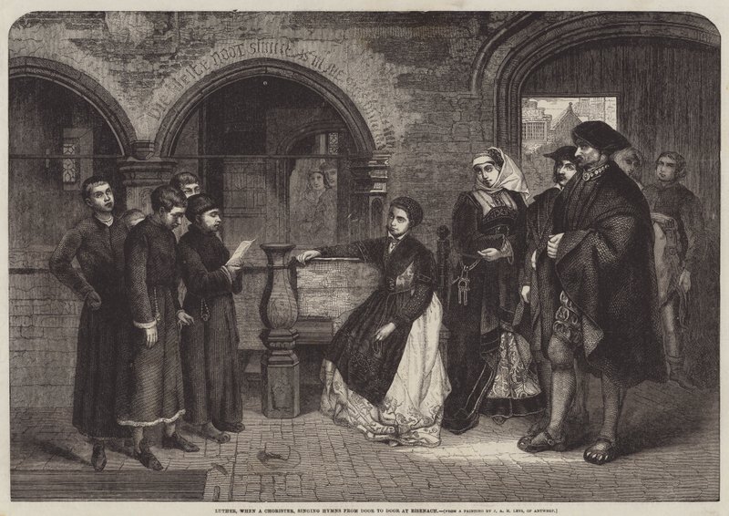 Luther, když byl sboristou, zpíval v Eisenachu od dveří ke dveřím. od Jan August Hendrik Leys
