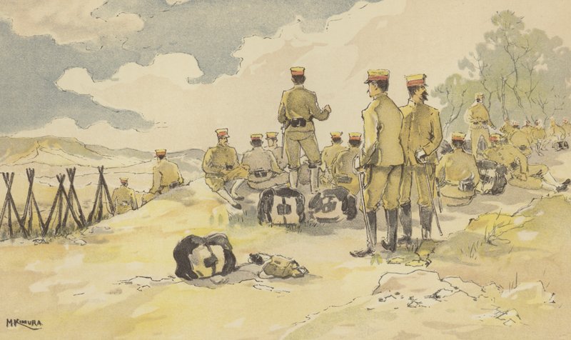 Prapor císařské gardy se zastavuje na cestě do Liao-jangu (chromolitho) od Japanese School