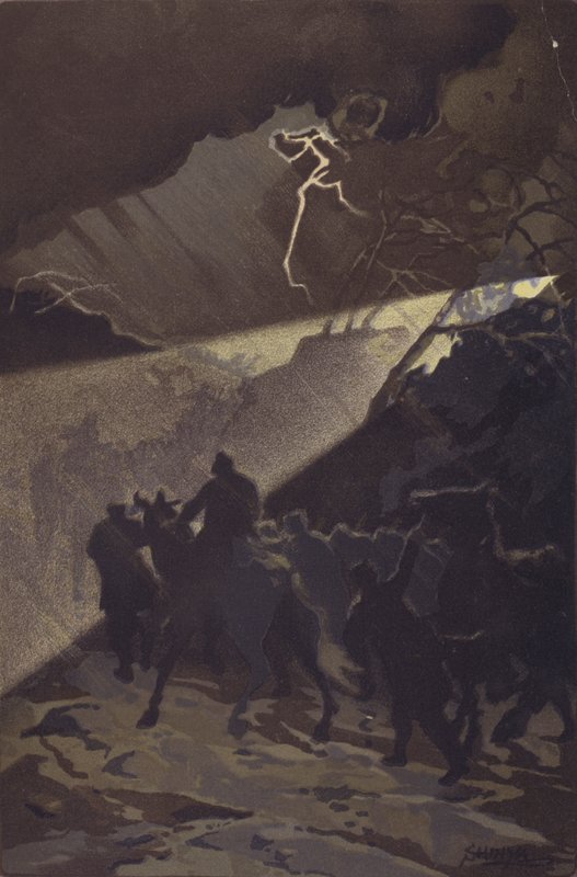 Pochod japonských jednotek v bouřlivé noci před obecným útokem na Nan-shan (Chromolitho) od Japanese School