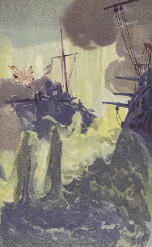 Noční útok japonských torpédoborců torpédových člunů na ruskou eskadru u Port Arthuru (chromolitho) od Japanese School