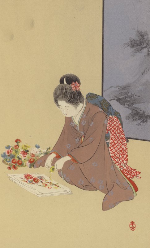 Mladá dívka si hraje s chryzantémami (chromolitho) od Japanese School