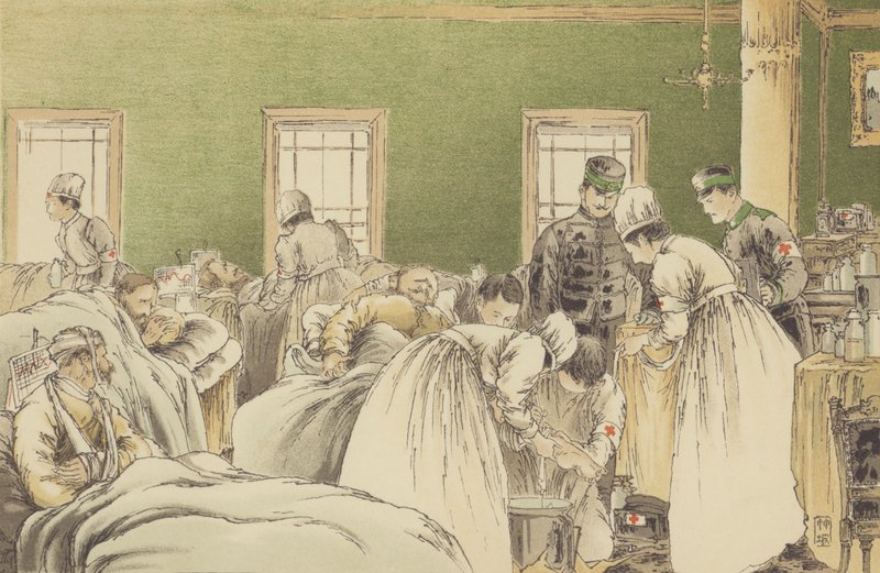Ošetření ruských raněných v dočasné nemocnici Japonského Červeného kříže v Chemulpo (chromolitho) od Japanese School