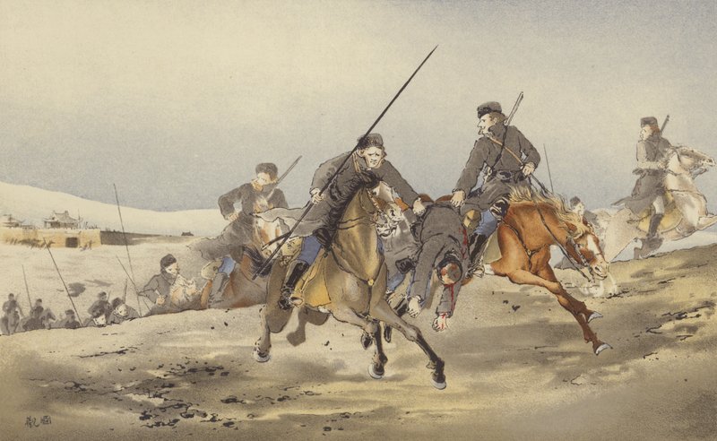 Kozáci utíkají se zraněným (chromolitho) od Japanese School