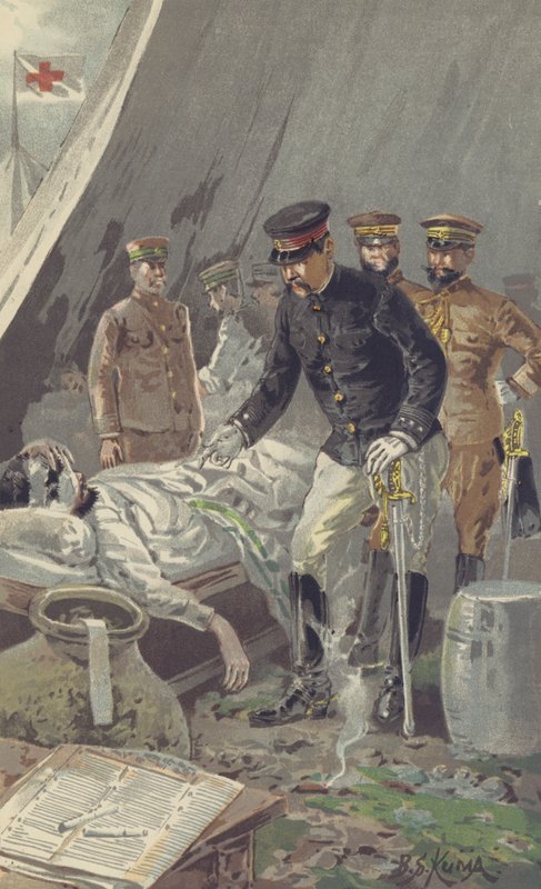 Generál princ Fushimi utěšující zraněného vojáka po divoké bitvě u Nanshan (chromolitho) od Japanese School