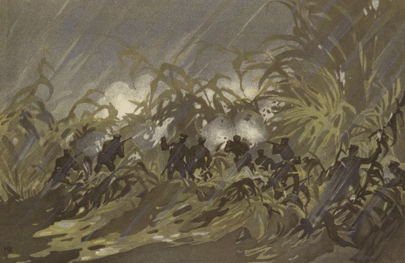 Naši vojáci pěchoty se potýkají na prosném poli poblíž Liao-jang (chromolitho) od Japanese School