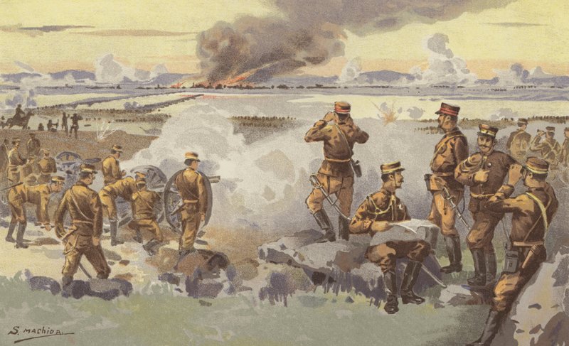 Bombardování Liao-jangu naším dělostřelectvem (chromolitho) od Japanese School