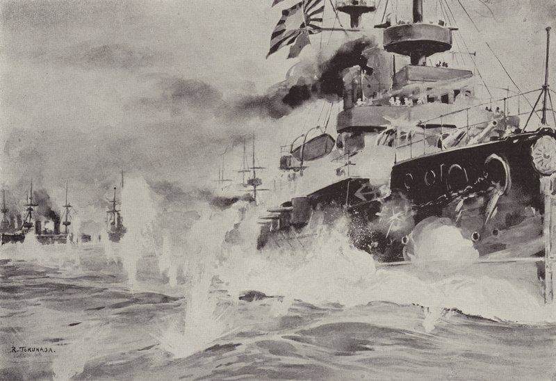 Mikasa statečně bojující proti ruské eskadře u Port Arthuru 10. srpna (litho) od Japanese School