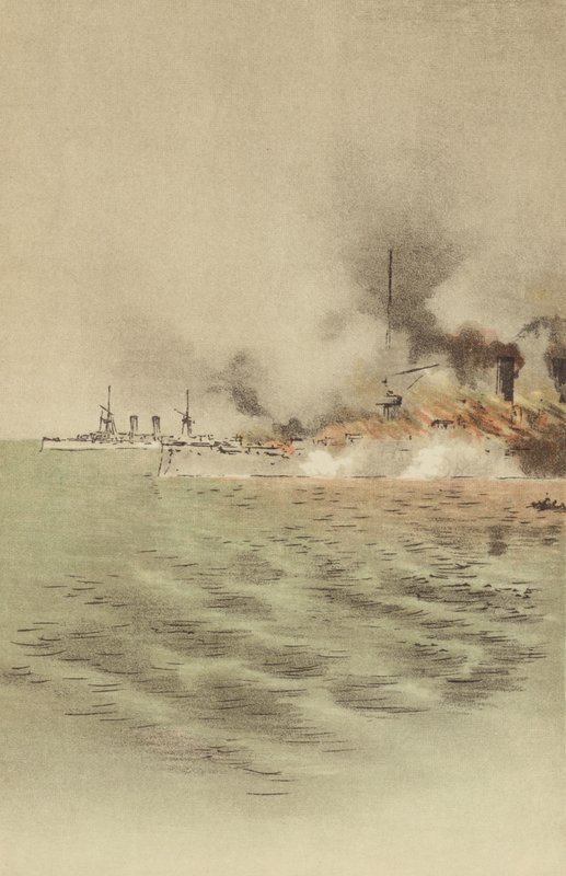 Varyag zapálila její vlastní posádka, aby zabránila zachycení v Chemulpo (chromolitho) od Japanese School