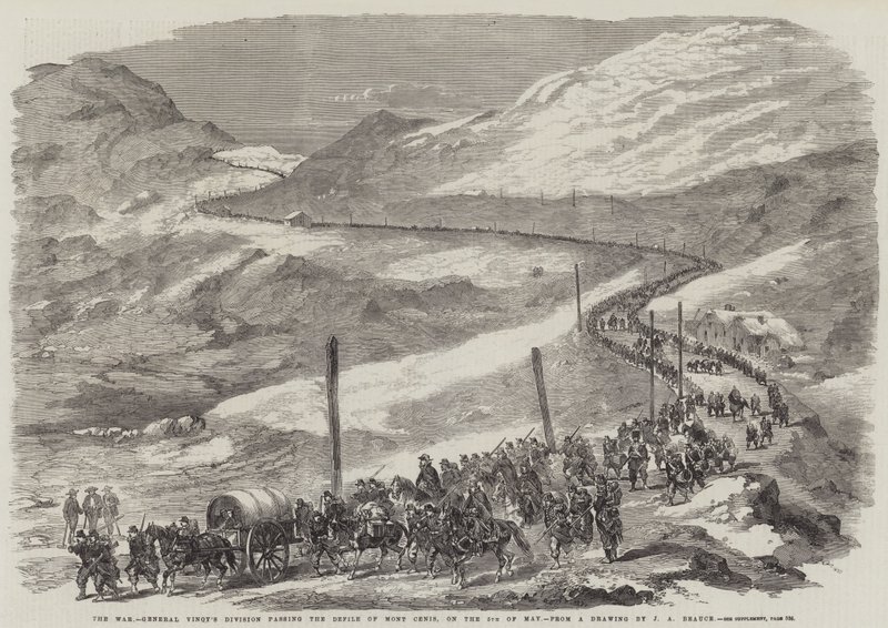 Válka, divize generála Vinoye projíždí defilé Mont Cenis 5. května. od Jean Adolphe Beauce