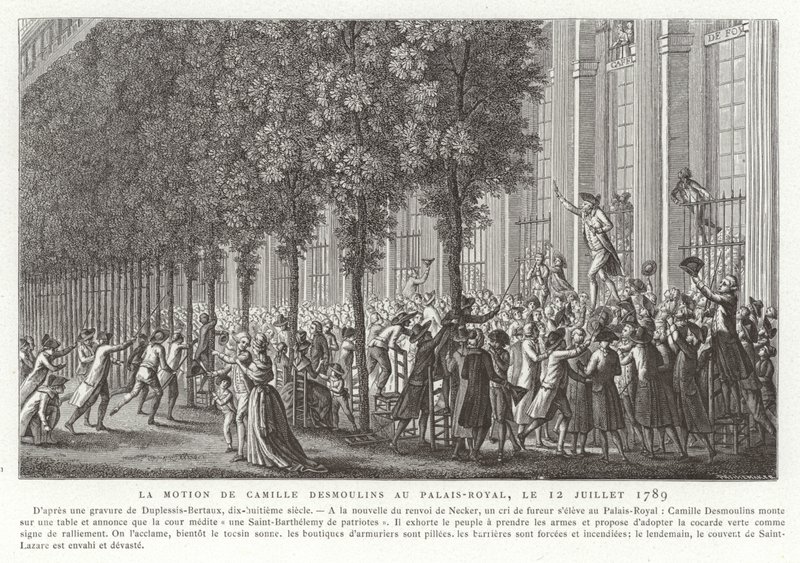 Camille Desmoulins vydává své volání do zbraně před Palais Royal, Paříž, Francouzská revoluce, 12. července 1789 od Jean Duplessis Bertaux