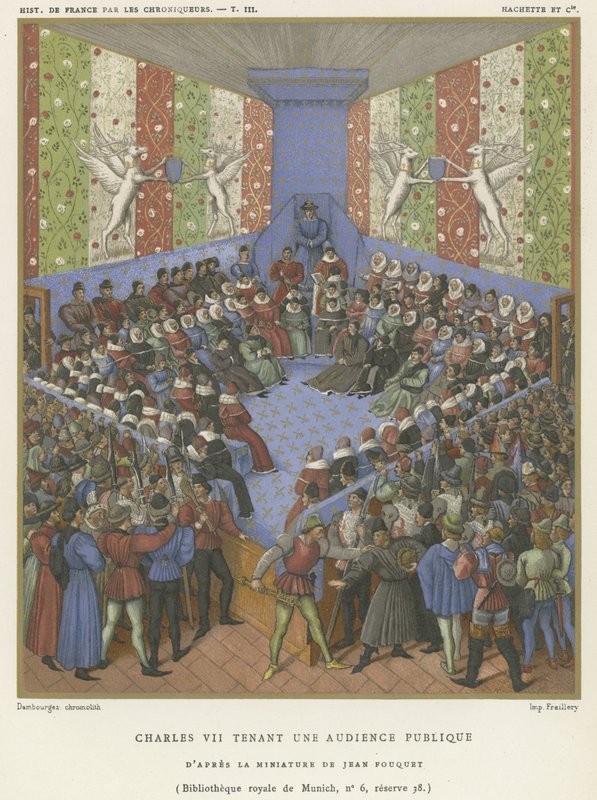 Karel VII. pořádá veřejnou audienci (chromolitho) od Jean Fouquet