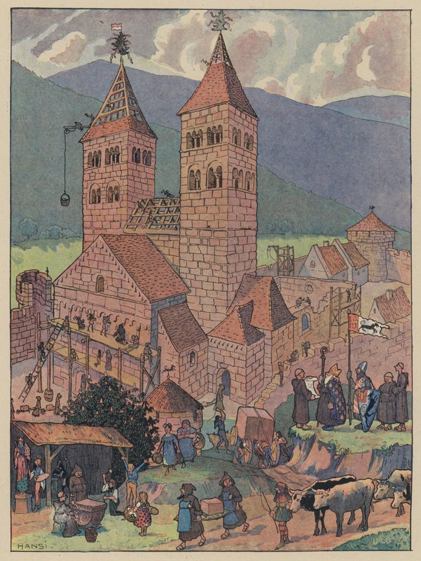 Výstavba opatství Murbach, poblíž Guebwiller, Alsasko (barva litho) od Jean Jacques Waltz