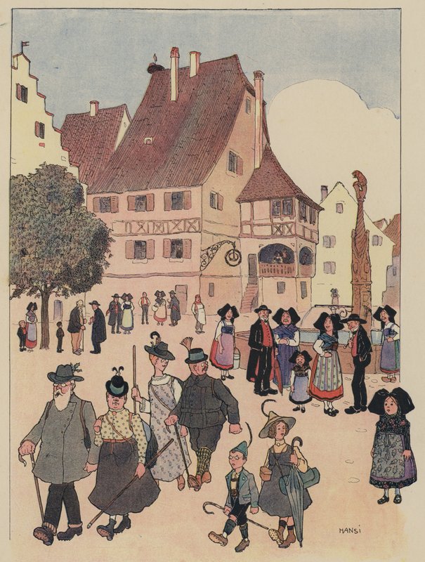 Němečtí turisté v alsaské vesnici (barva litho) od Jean Jacques Waltz