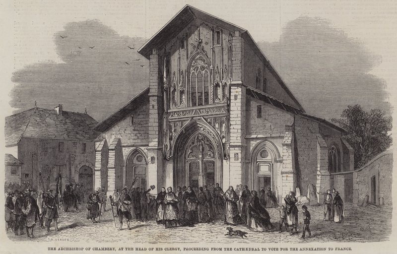 Arcibiskup z Chambery, v čele svého duchovenstva, postupuje od katedrály k hlasování pro připojení k Francii od Jean Adolphe Beauce