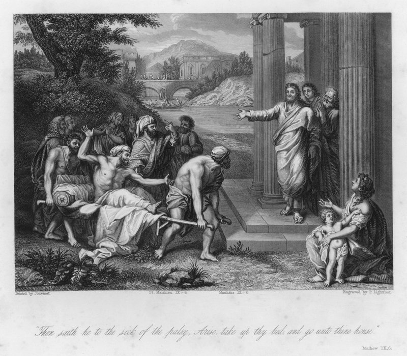 Vyléčený ochrnutý muž, Matthew IX, 6 (rytina) od Jean Baptiste (after) Jouvenet