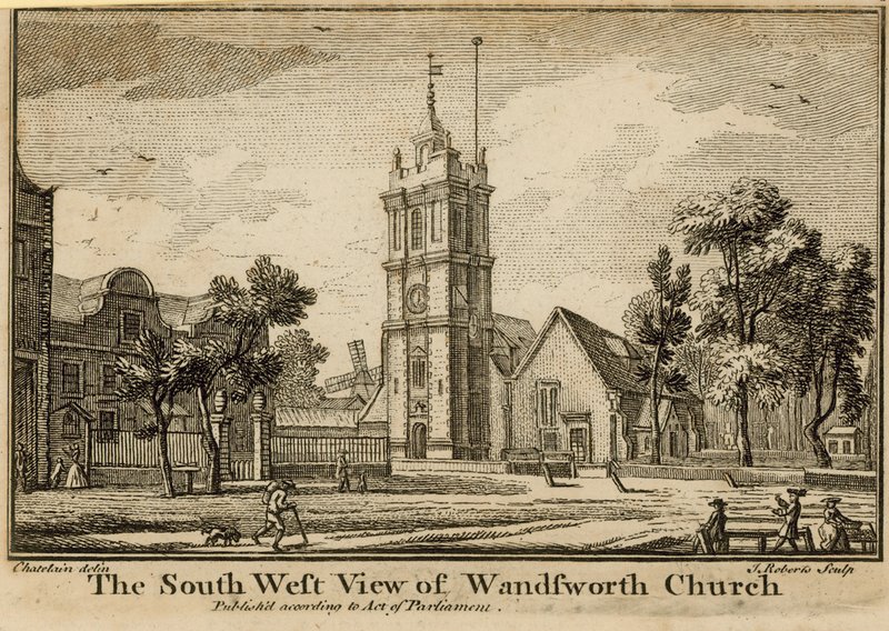 Jihozápadní pohled na Wandsworth Church od Jean Baptiste Claude Chatelain