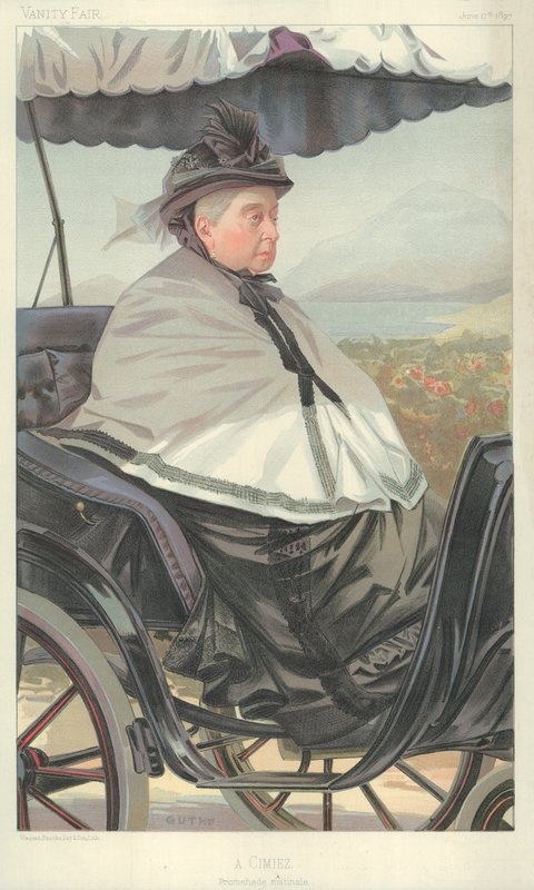 Queen Victoria, A Cimiez, promenáda matinale, 17. června 1897, karikatura Vanity Fair od Jean Baptiste Guth