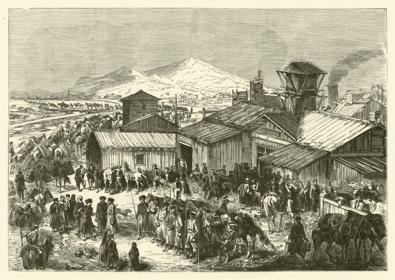 Ruská obchodní stanice v Kašgaru (rytina) od Jean Baptiste Henri Durand Brager