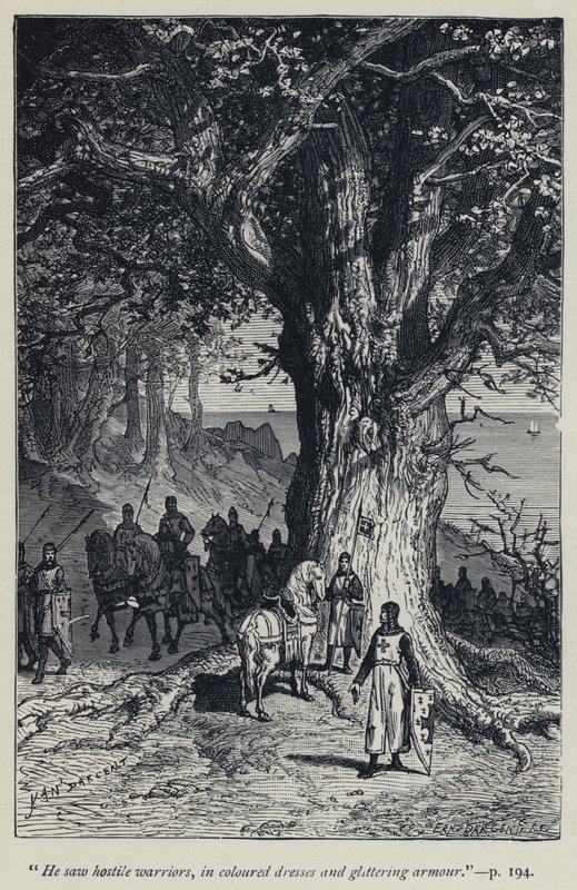 „Viděl nepřátelské válečníky v barevných šatech a třpytivé zbroji“ (rytina) od Jean Edouard Dargent
