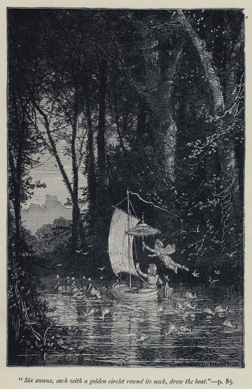 „Šest labutí, každá se zlatým kroužkem kolem krku, nakreslilo loď“ (rytina) od Jean Edouard Dargent