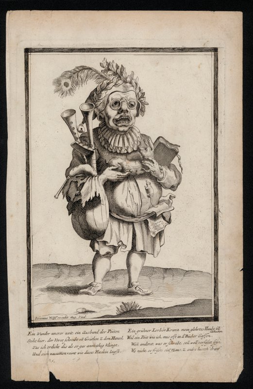 Muž nesoucí sadu dud a na hlavě čelenku z pavího pera, surrealistický potisk kostýmů, c1700 (rytina) od Jeremias Wolff