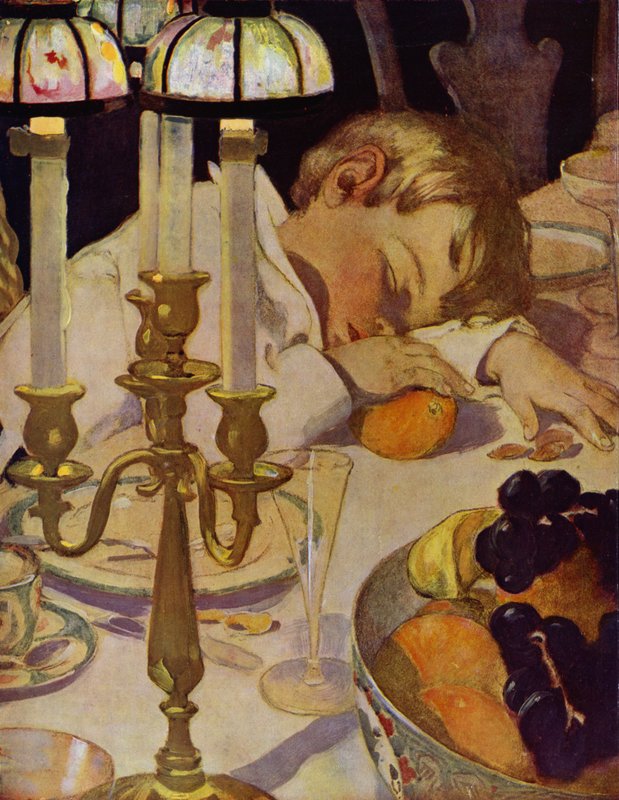 Robin si položil hlavu na paži a zavřel oči (barva litho) od Jessie Willcox Smith