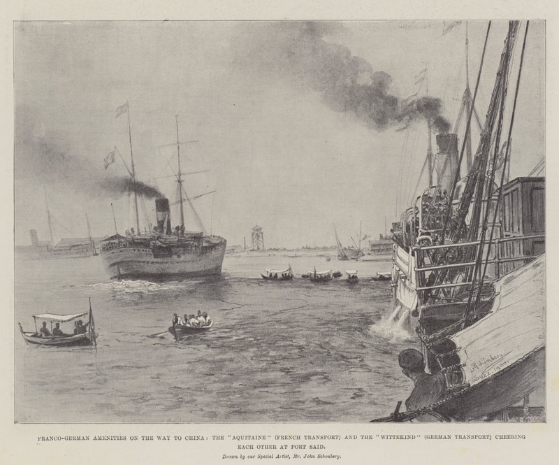Francouzsko-německé vybavení na cestě do Číny, Akvitánie (francouzská doprava) a Wittekind (německá doprava) se navzájem povzbuzují v Port Said od Johann Nepomuk Schonberg