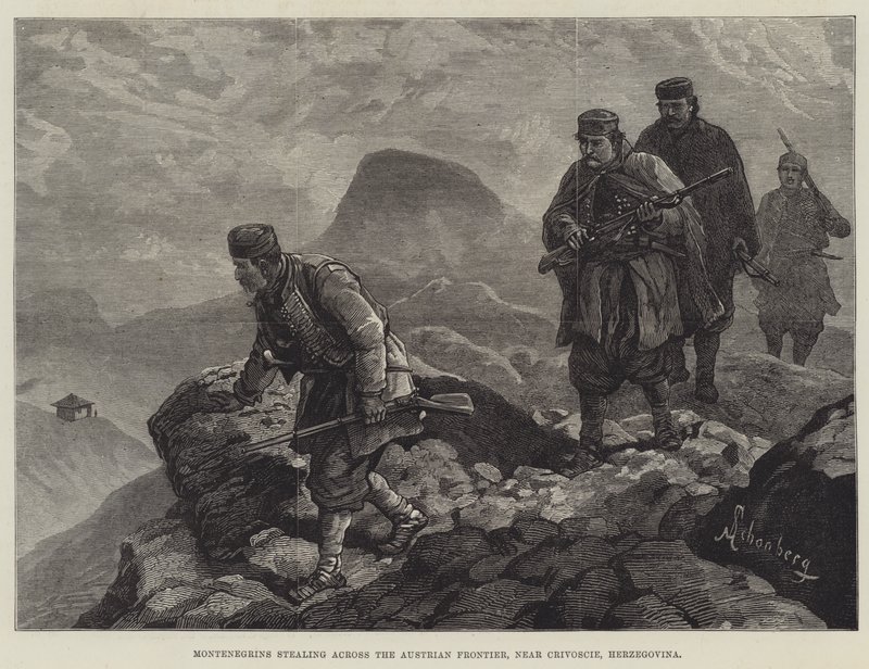 Černohorci kradou přes rakouskou hranici poblíž Crivoscie v Hercegovině od Johann Nepomuk Schonberg