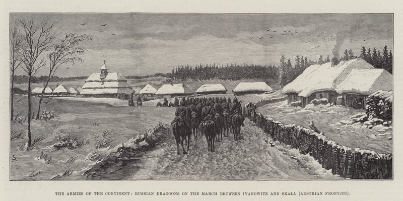 Armády kontinentu, ruští dragouni na pochodu mezi Ivanowitz a Skala (rakouská hranice) od Johann Nepomuk Schonberg