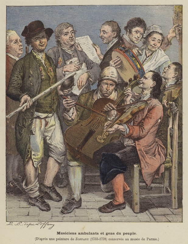 Cestující hudebníci a obyčejní lidé (barevné lito) od Johann (after) Zoffany