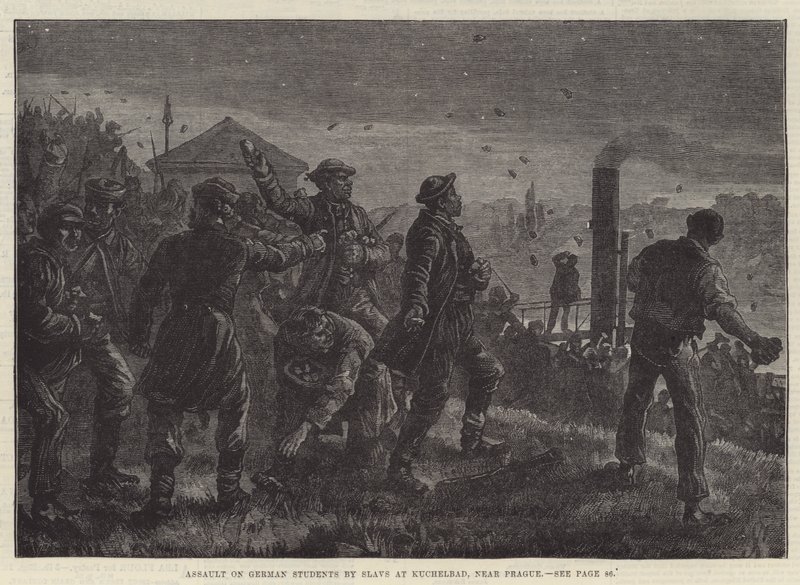 Útok Slovanů na německé studenty v Kuchelbadu u Prahy (rytina) od Johann Nepomuk (after) Schonberg