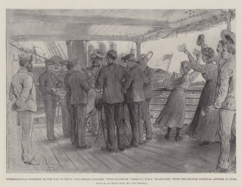 Mezinárodní zdvořilost na cestě do Číny, německý parník Prinz Heinrich pozdravil HMS Highflyer britskou národní hymnou v Suezu od Johann Nepomuk Schonberg