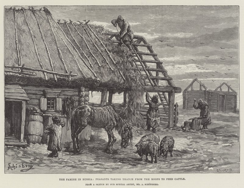 Hladomor v Rusku, rolníci berou došky ze střech, aby nakrmili dobytek od Johann Nepomuk Schonberg