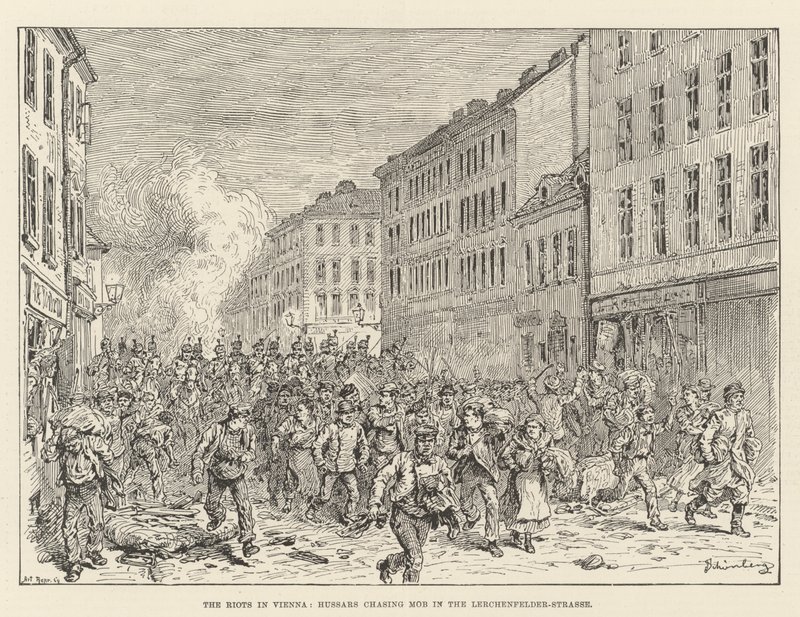 Nepokoje ve Vídni, husaři honící dav v Lerchenfelder-Strasse od Johann Nepomuk Schonberg