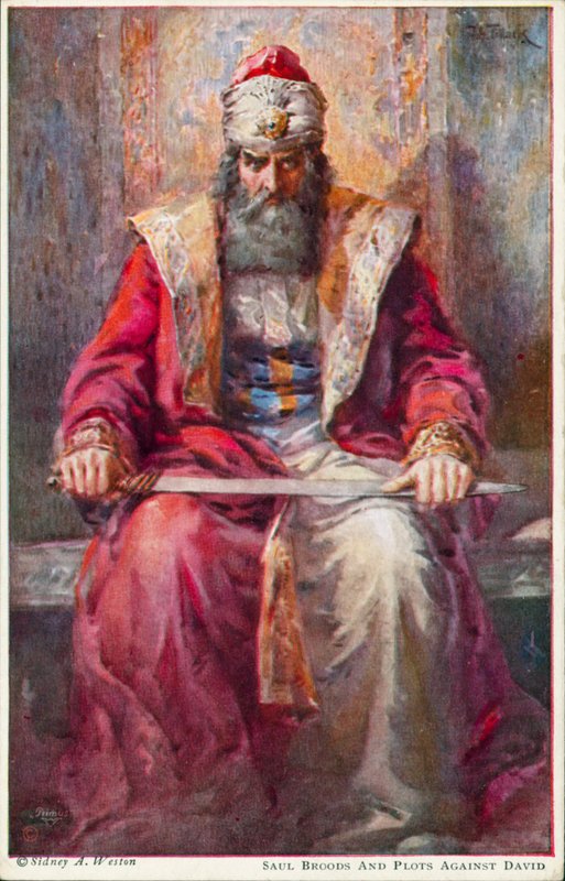 Saul se trápí a intrikuje proti Davidovi (barevná litografie) od Johannes Adolf Tillack