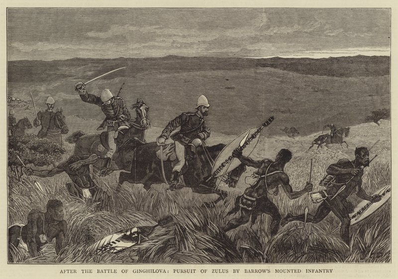 Po bitvě u Ginghilova pronásledování Zulus Barrowovou jízdní pěchotou od John Charles Dollman