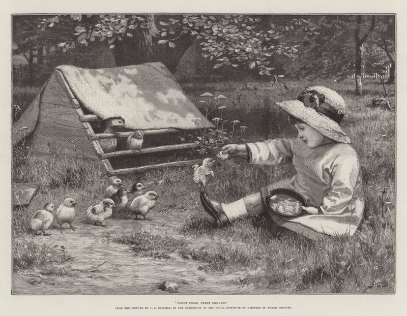 Kdo dřív přijde, ten dřív mele, na výstavě Královského institutu malířů akvarelem od John Charles Dollman